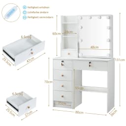 3 Color Lights White Makeup Vanity Desk with 6 Drawers, LED Dressing Table Set with Storage & Strip Light, Adjustable Color Temperature Mirror for Bedroom
