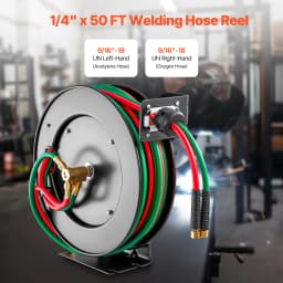 SucceBuy Retractable Welding Hose Reel 1/4Inchx50FT Twin Oxygen Acetylene Rubber Hose Max 300PSI - T Grade for Workshops Garages