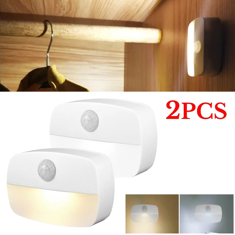 2PCS LED Motion Sensor PIR Night Light Cordless Battery Powered Closet Stair Light