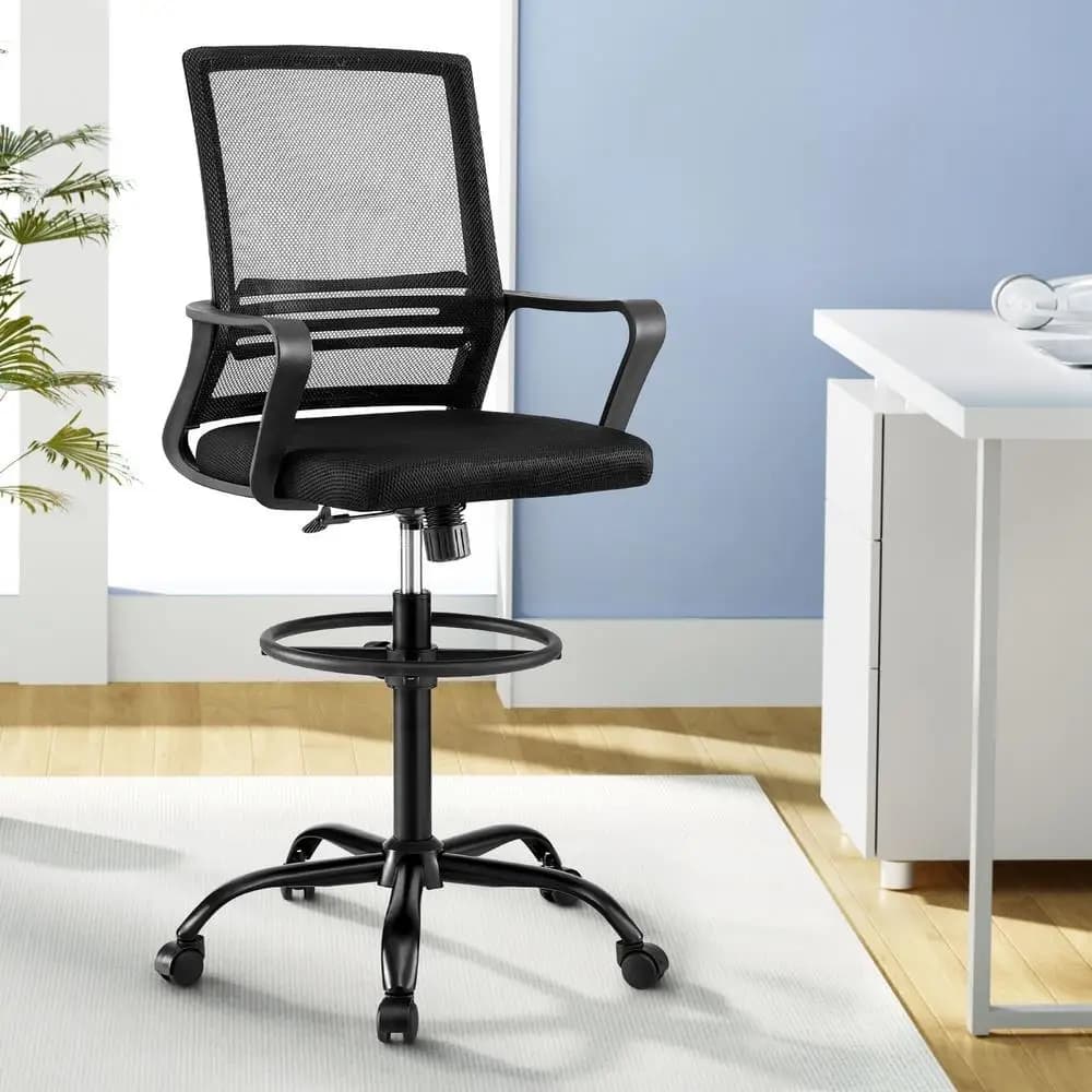 Office Chair Drafting Stool Mesh Back Adjustable Height Ergonomic Swivel Computer Desk Studio Black