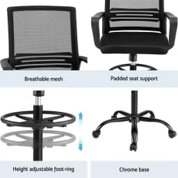 Office Chair Drafting Stool Mesh Back Adjustable Height Ergonomic Swivel Computer Desk Studio Black