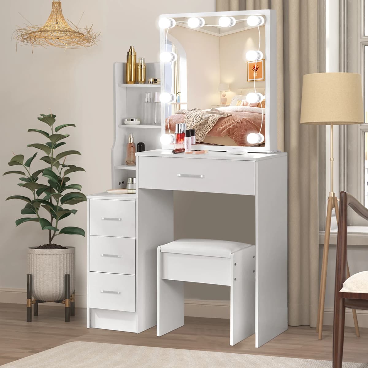 Small Vanity Desk with Mirror and Lights Wooden Makeup Vanity with Storage Drawers Women Bedroom Small Space