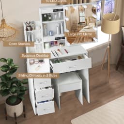 Small Vanity Desk with Mirror and Lights Wooden Makeup Vanity with Storage Drawers Women Bedroom Small Space