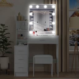 Small Vanity Desk with Mirror and Lights Wooden Makeup Vanity with Storage Drawers Women Bedroom Small Space
