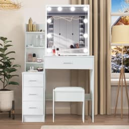 Small Vanity Desk with Mirror and Lights Wooden Makeup Vanity with Storage Drawers Women Bedroom Small Space