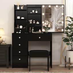 Rustic Wooden Makeup Vanity with Lit Mirror: Three Adjustable Lights, Drawers & Storage Shelves