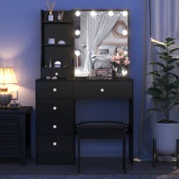 Rustic Wooden Makeup Vanity with Lit Mirror: Three Adjustable Lights, Drawers & Storage Shelves