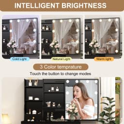 Rustic Wooden Makeup Vanity with Lit Mirror: Three Adjustable Lights, Drawers & Storage Shelves