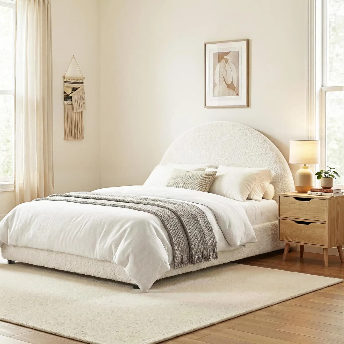 Gas Lift Queen Bed Frame with Matching Bedside Table Set Boucle Upholstered Platform Bed and Nightstand Storage Set