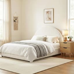 Gas Lift Queen Bed Frame with Matching Bedside Table Set Boucle Upholstered Platform Bed and Nightstand Storage Set