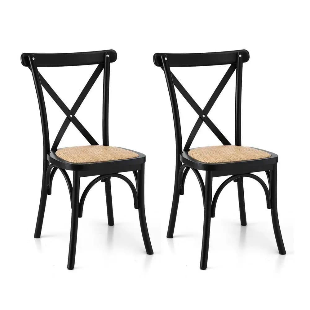2 Pack Rattan Dining Chairs Wooden Frame Kitchen Accent Chairs Cafe Lounge Rubber Wood