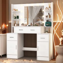 Teousev White Wood Vanity Table Set, 3 Light Modes Adjustable LED Bulbs Mirror, 3 Drawers 2 Cabinets Bedroom Dresser