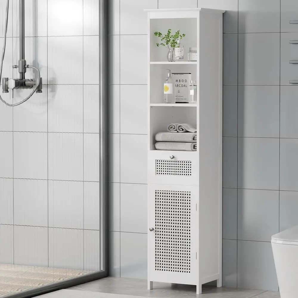 Bathroom Cabinet Storage 161cm White Rattan Tallboy Toilet Cupboard Freestanding Narrow Bathroom Organizer Shelf with Doors and Adjustable Shelves