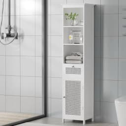 Bathroom Cabinet Storage 161cm White Rattan Tallboy Toilet Cupboard Freestanding Narrow Bathroom Organizer Shelf with Doors and Adjustable Shelves