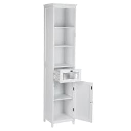 Bathroom Cabinet Storage 161cm White Rattan Tallboy Toilet Cupboard Freestanding Narrow Bathroom Organizer Shelf with Doors and Adjustable Shelves