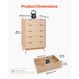 SucceBuy 5/6 Fluted Drawer Dresser Wooden Chest of Drawers with Sliding & Anti-tip Device for Living Room Hallway Light Wood
