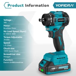 YOFIDRA Brushless Electric Drill Screwdriver 10MM Handheld Cordless Impact Drill Woodworking Power Tool For Makita 18V Battery