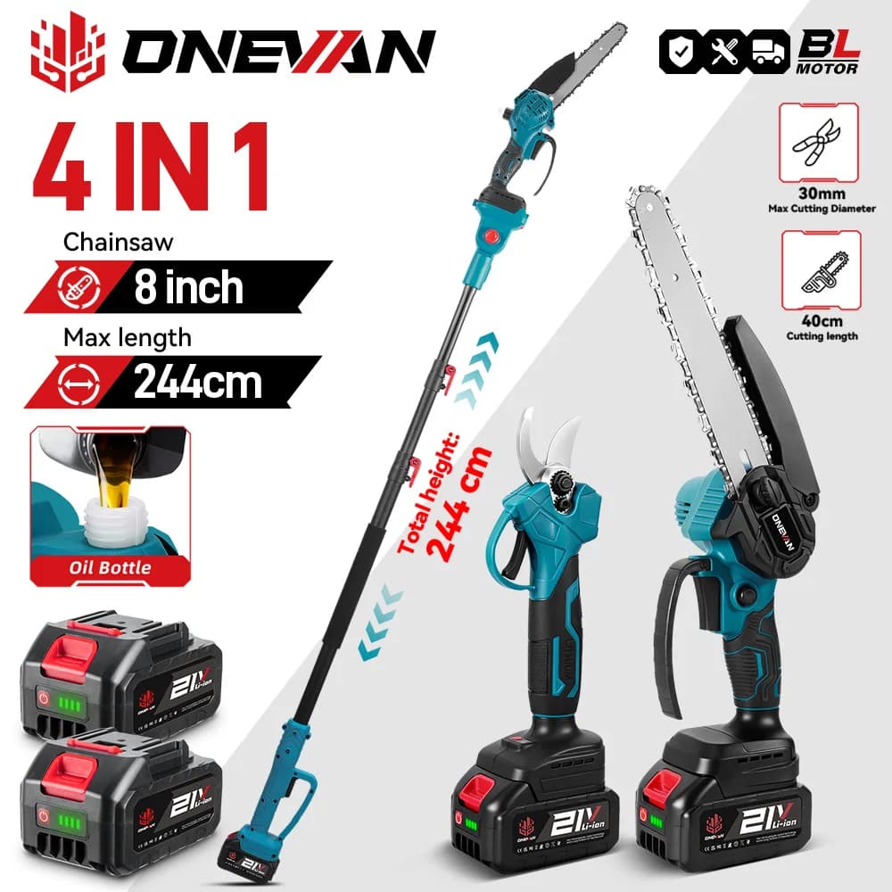 ONEVAN 8inch Brushless Telescoping Pole Electric Chainsaw Scissors 5500W High Branch Garden Pruning Tool For 21V 18V Battery