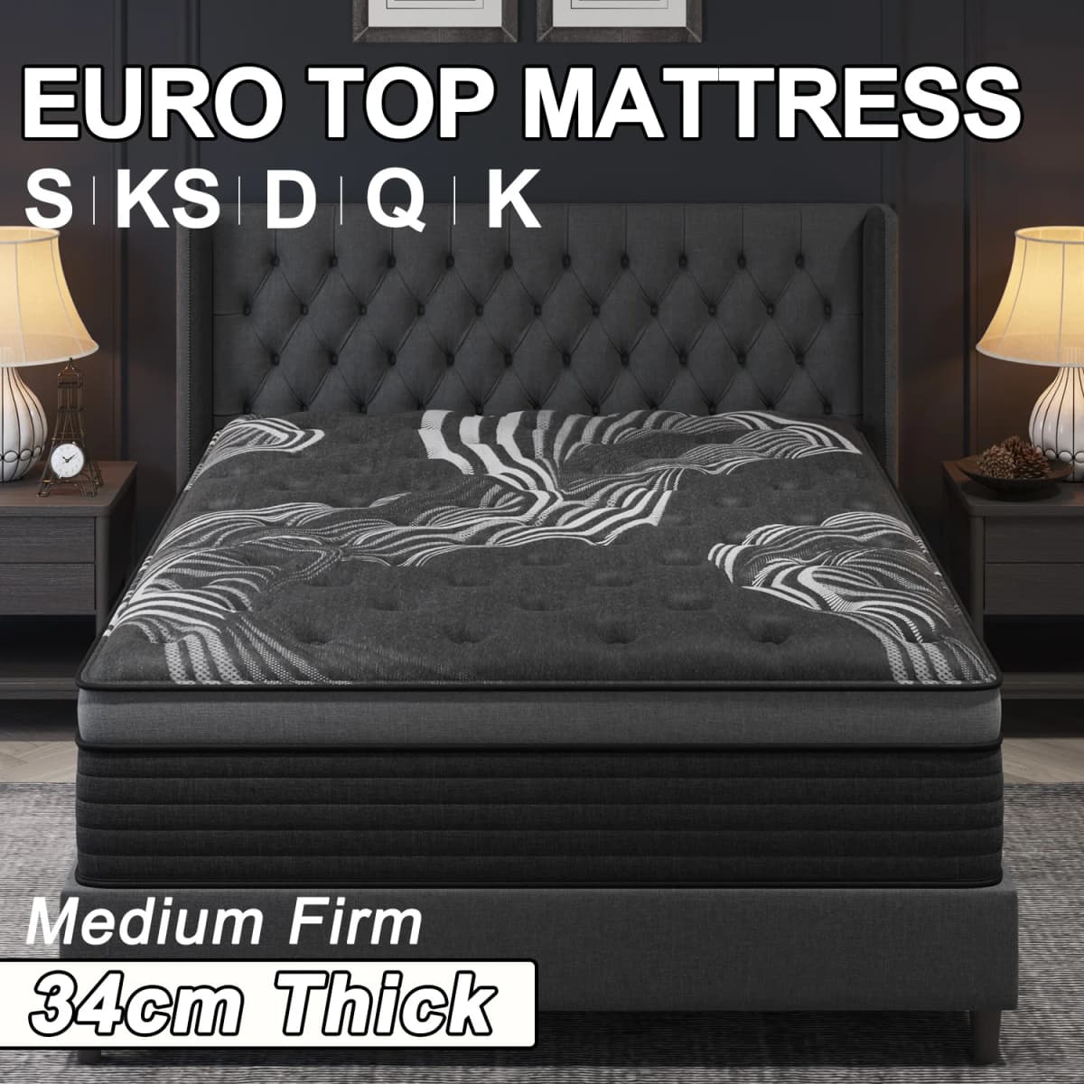34CM Mattress Euro Top Pocket Spring Gel Memory Foam Hybrid Medium Firm Mattress