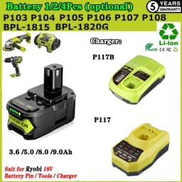 1~4Pcs 3.6/5.0/8.0/9.0Ah 18V P108 Battery Replace for Ryobi 18V Cordless Power Tool P109 P102 BPL18151 BPL1820 Li-on Battery Pin