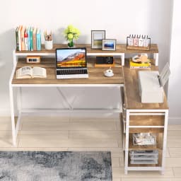 Tribesigns L Shaped Desk with Drawers and Monitor Stand, L Corner Desk with Storage Shelves, Beige Wooden PC Table