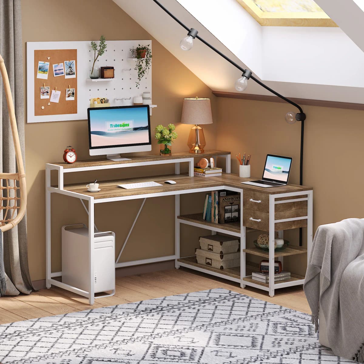 Tribesigns L Shaped Desk with Drawers and Monitor Stand, L Corner Desk with Storage Shelves, Beige Wooden PC Table