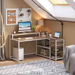 Tribesigns L Shaped Desk with Drawers and Monitor Stand, L Corner Desk with Storage Shelves, Beige Wooden PC Table
