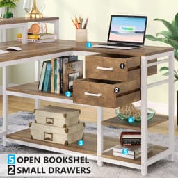Tribesigns L Shaped Desk with Drawers and Monitor Stand, L Corner Desk with Storage Shelves, Beige Wooden PC Table