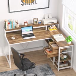 Tribesigns L Shaped Desk with Drawers and Monitor Stand, L Corner Desk with Storage Shelves, Beige Wooden PC Table