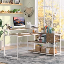 Tribesigns L Shaped Desk with Drawers and Monitor Stand, L Corner Desk with Storage Shelves, Beige Wooden PC Table