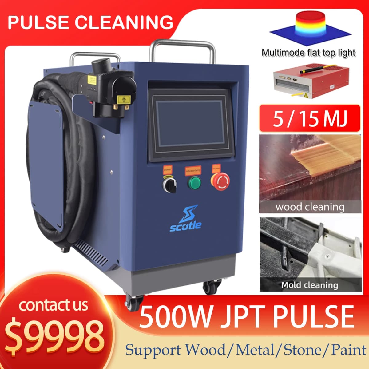 500W JPT Pulse Laser Cleaning Machine Pulsed Cleaner for Wood Cleaning Rust/Paint/Oxide Removal 15MJ 5MJ Double Pendulum Head