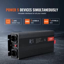 SucceBuy Pure Sine Wave Inverter 300Watt with2AC Outlets 2USB Port 1 Type-C Port Remote Control Small Home Devices