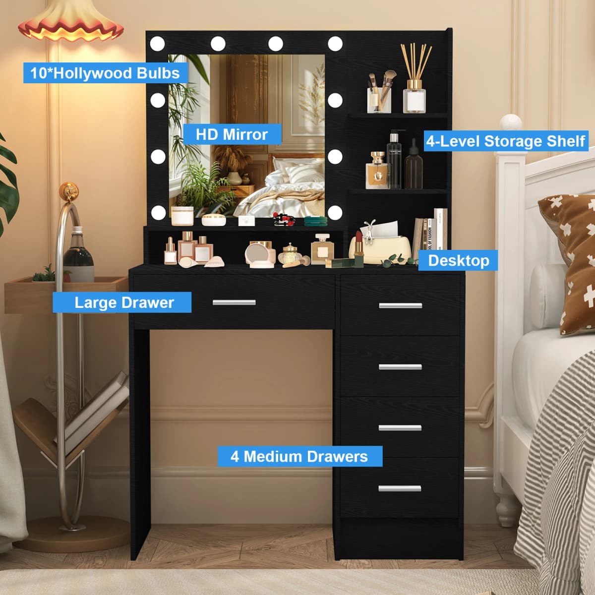 Black Dressing Table LED Makeup Mirror Set Vanity Desk 10 LED Bulb and 5 Drawers