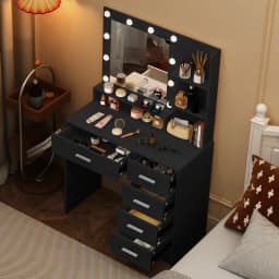 Black Dressing Table LED Makeup Mirror Set Vanity Desk 10 LED Bulb and 5 Drawers