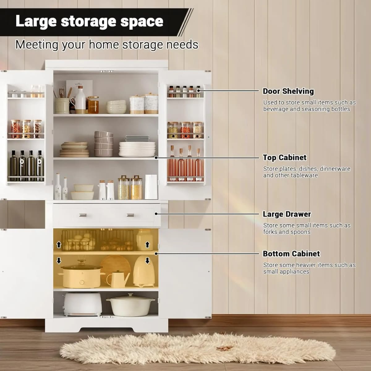 72" Tall Kitchen Pantry Storage Cabinet, Kitchen Storage Cabinet with a Large Drawer, 2 Cabinets, 6 Door Shelves for Kitchen