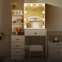 Dressing Table With Smart LED Mirror &Drawers 6 Shelves Vanity Stool Makeup Desk