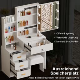 Dressing Table With Smart LED Mirror &Drawers 6 Shelves Vanity Stool Makeup Desk