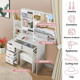 Dressing Table With Smart LED Mirror &Drawers 6 Shelves Vanity Stool Makeup Desk