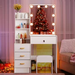 Dressing Table With Smart LED Mirror &Drawers 6 Shelves Vanity Stool Makeup Desk