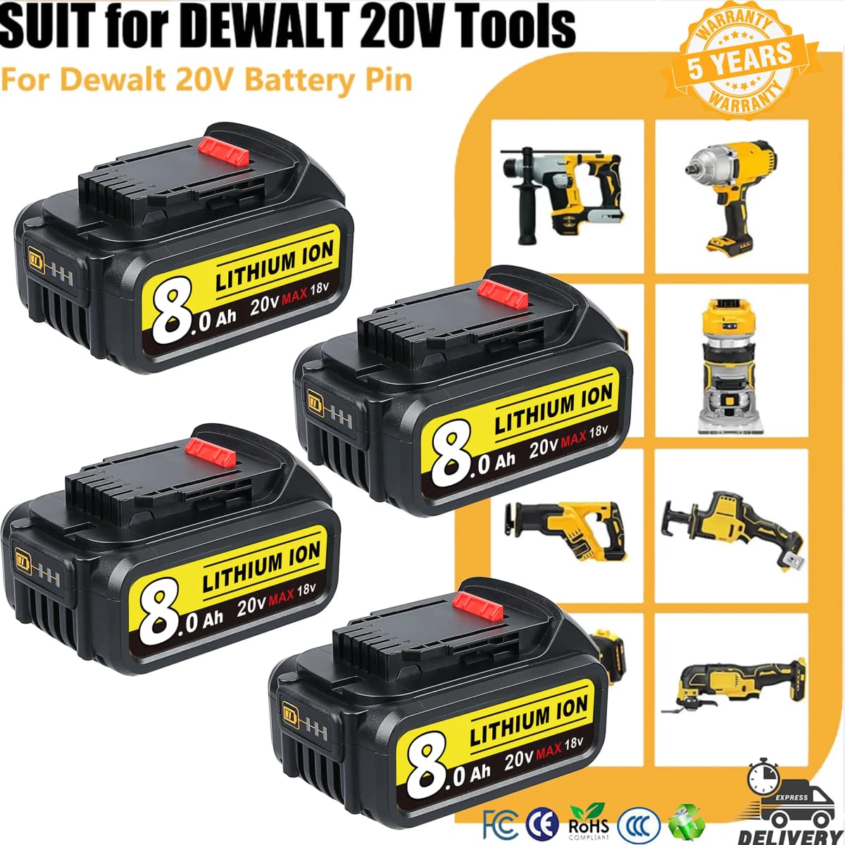 1/2/4Pcs 8.0Ah battery DCB200 Replace for DeWalt DCB204 DCB205 DCB206 20Volt Max Li-on Battery Pin Suit for Cordless Power Tools