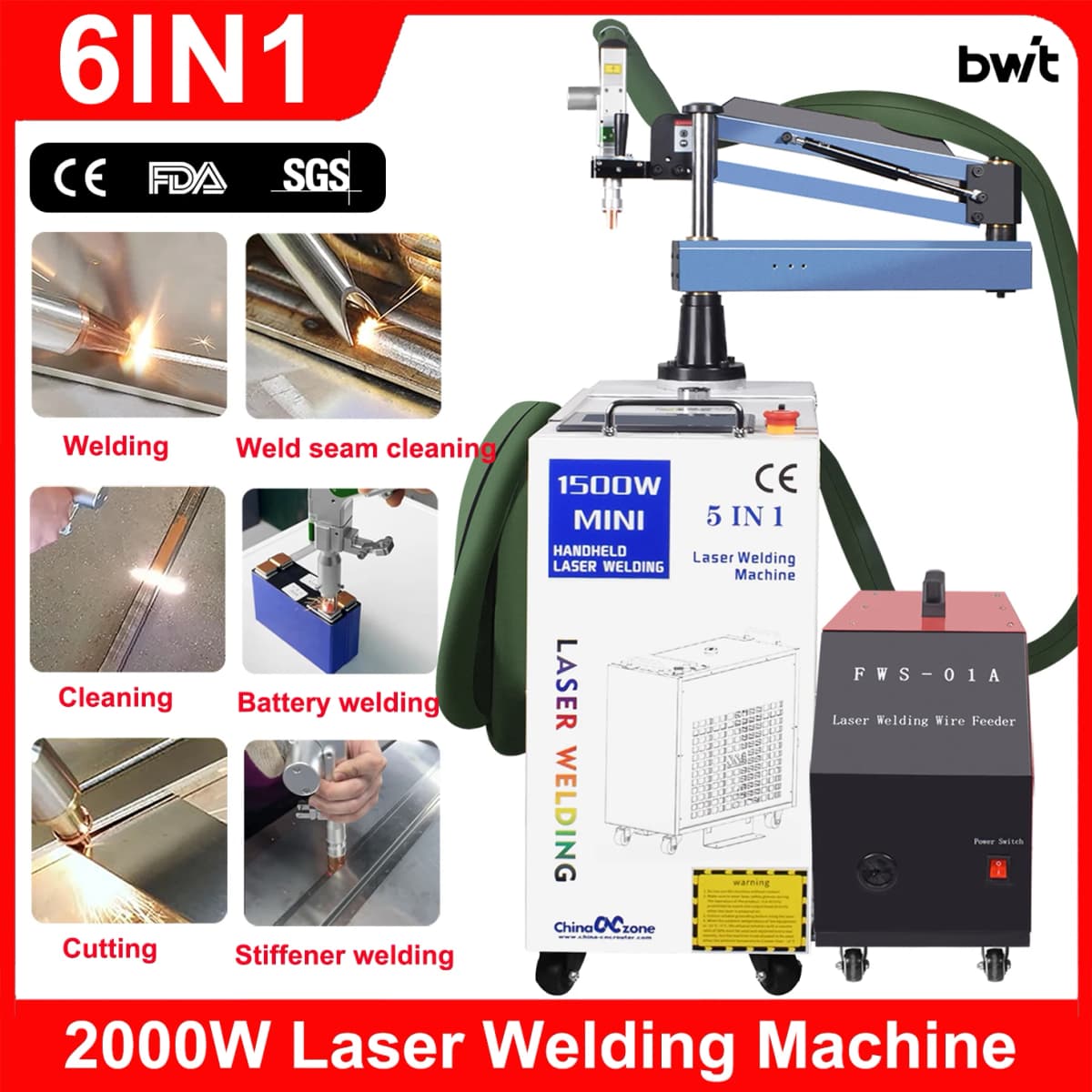 2000W Handheld Fiber Laser Welder 6 in 1 Laser Battery Welding Stiffener Welding Cleaning Cutting Welding Machine for All Metal