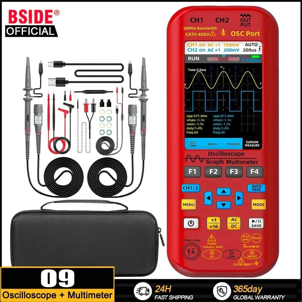 BSIDE 50MHz Digital Oscilloscope Multimeter 4-IN-1 Dual Channel 50MHz Bandwidth AC DC Voltage Current OHM Multifunction Teste