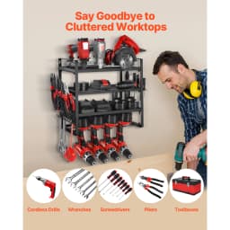 SucceBuy 4-Layer Power Tool Organizer Wall Mount Tools Storage Rack with 4 Drill Holders & Hook Racks for Garage Workbench