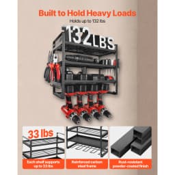 SucceBuy 4-Layer Power Tool Organizer Wall Mount Tools Storage Rack with 4 Drill Holders & Hook Racks for Garage Workbench