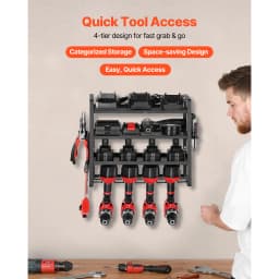 SucceBuy 4-Layer Power Tool Organizer Wall Mount Tools Storage Rack with 4 Drill Holders & Hook Racks for Garage Workbench