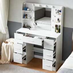 Modern White Makeup Vanity Dressing Table with 10 Dimmable Led Bulbs, 3 Color Adjustable Mirror & Storage Organizer
