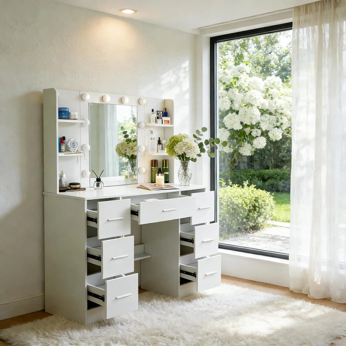 Modern White Makeup Vanity Dressing Table with 10 Dimmable Led Bulbs, 3 Color Adjustable Mirror & Storage Organizer
