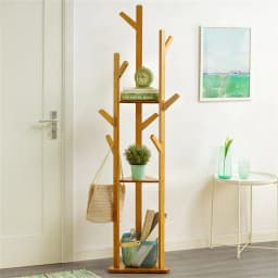 Tree Standing Coat Hanger Rack with 10 Hooks And Shelves Garment Clothes Storage Stand for Home Organization