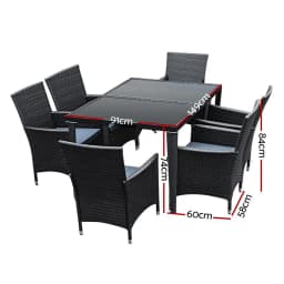 7 Piece Outdoor Wicker Dining Set Black Patio Lounge Furniture with Cushions