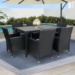 7 Piece Outdoor Wicker Dining Set Black Patio Lounge Furniture with Cushions